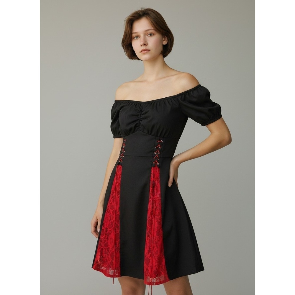 Black Red Gothic Lace Up Mini Dress‎ Off Shoulder Corset Lace Inserts Large